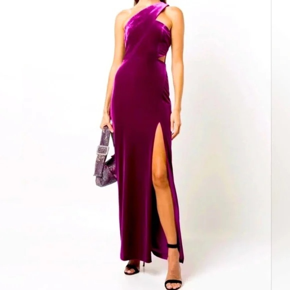 Plum Velvet Gown Aidan Mattox Dress | One Shoulder Thigh Slit Cut Out NWT